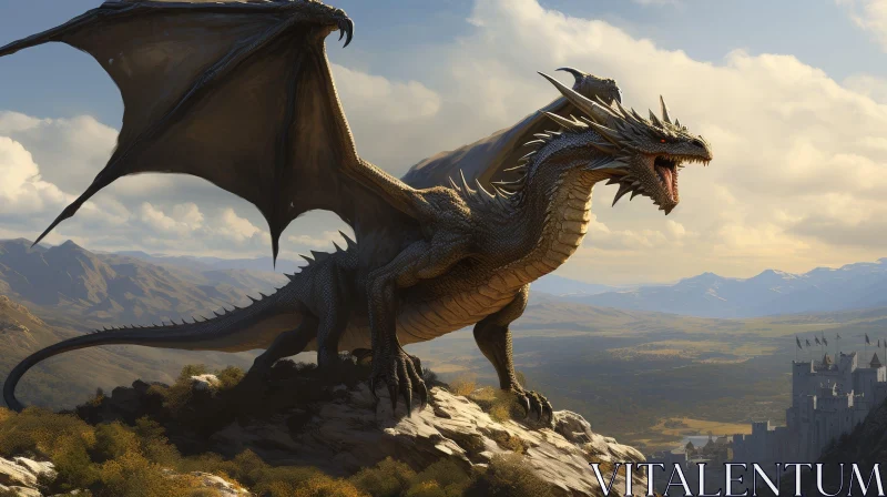 Black Dragon Fantasy Art - Castle Overlooking Mountains AI Image