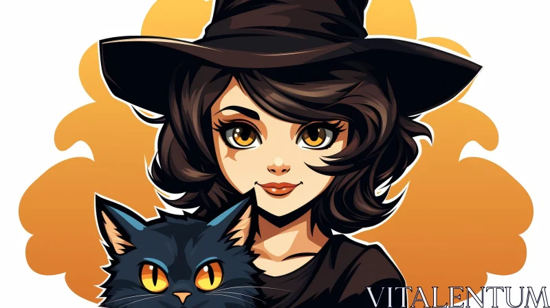 Enchanting Witch Illustration with Black Cat on Orange Background AI Image