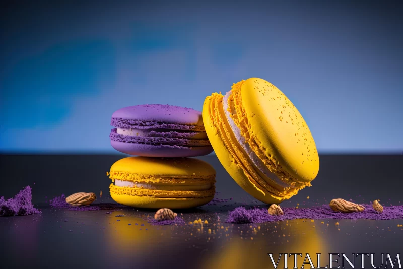Exquisite Yellow and Purple Macarons with Almonds - Captivating Artwork AI Image