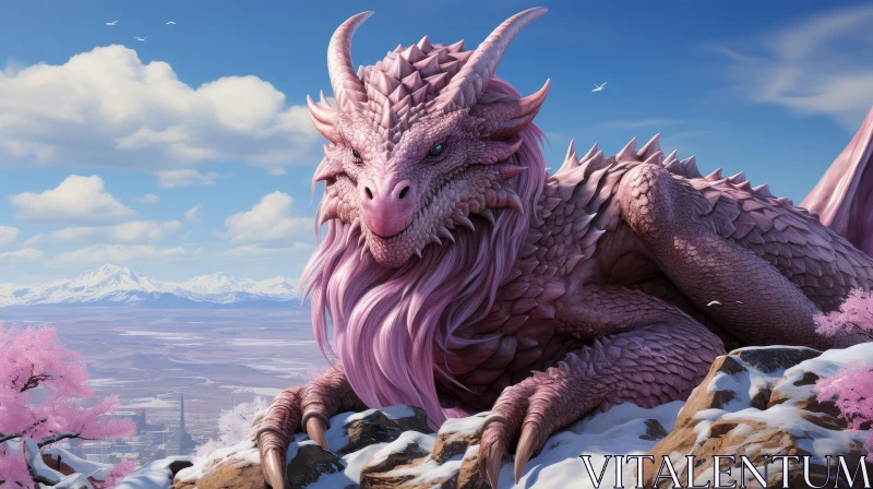 Pink Dragon in Snowy Mountain Landscape AI Image
