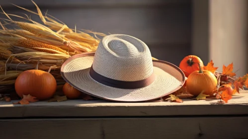 Rustic Still Life with Straw Hat, Pumpkin, and Corncob