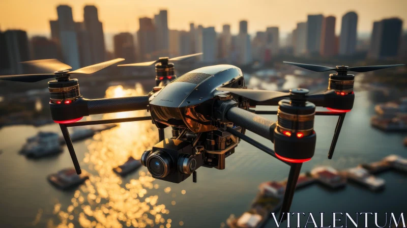 Black and Gold Drone Flying Over Cityscape AI Image
