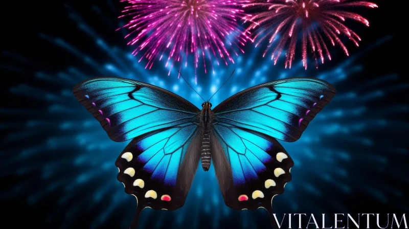 AI ART Blue Butterfly with Fireworks Background