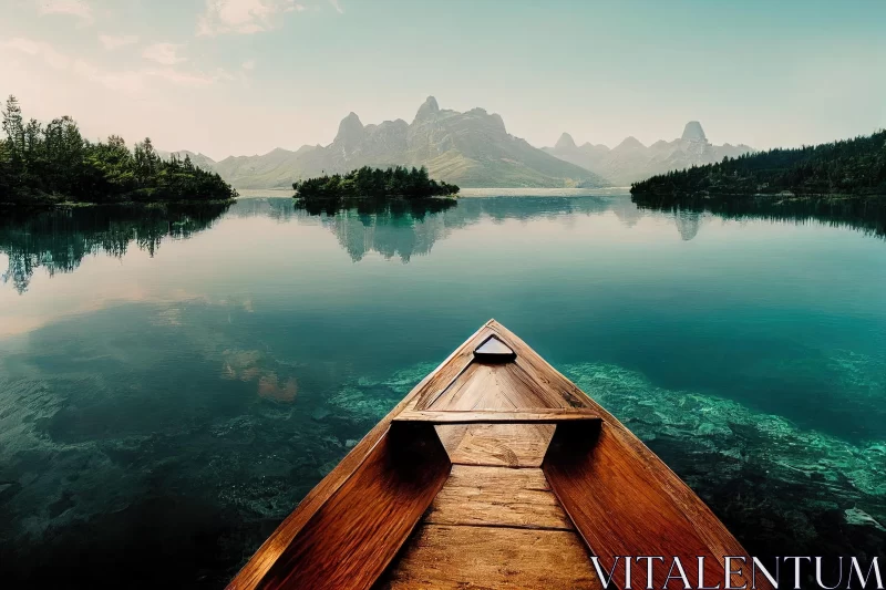 Captivating Wooden Boat on a Clear Mountain Lake | Minimalist Oriental Background AI Image