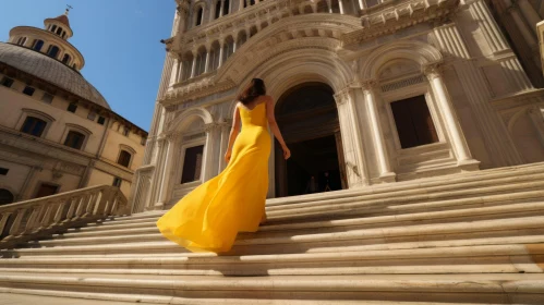 Elegant Woman in Yellow Dress Ascending Cathedral Stairs