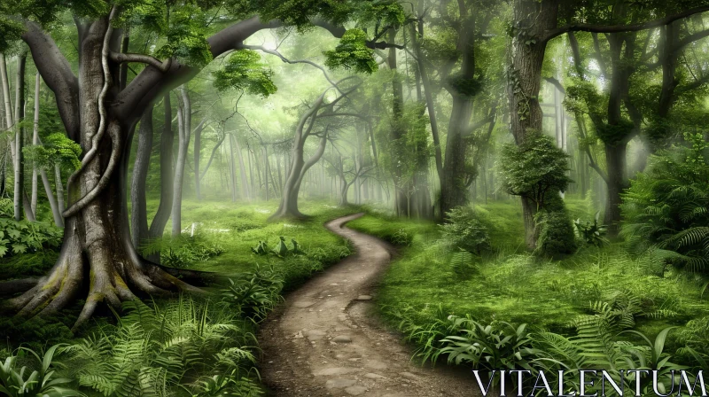 Enchanting Forest Path in Misty Greenery AI Image