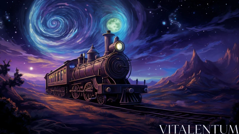 Night Train Crossing Desert Painting AI Image