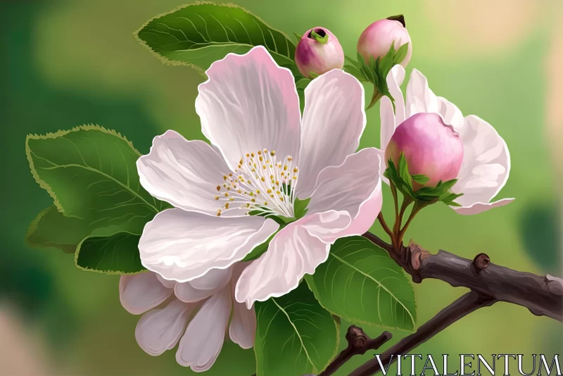 Pink Blossom Branch with White Flowers and Fruit - Hyper-Detailed Realistic Artwork AI Image