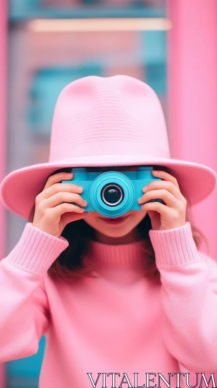 Young Girl with Blue Camera in Pink and Blue Setting AI Image