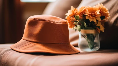 Brown Bucket Hat and Orange Flowers Close-Up