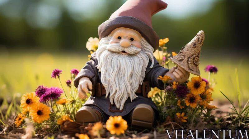 Charming Garden Gnome in Colorful Flower Bed AI Image
