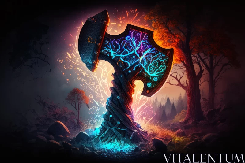 Colorful Grotesque Axe with Blue Glowing Rays and Surrounding Trees AI Image