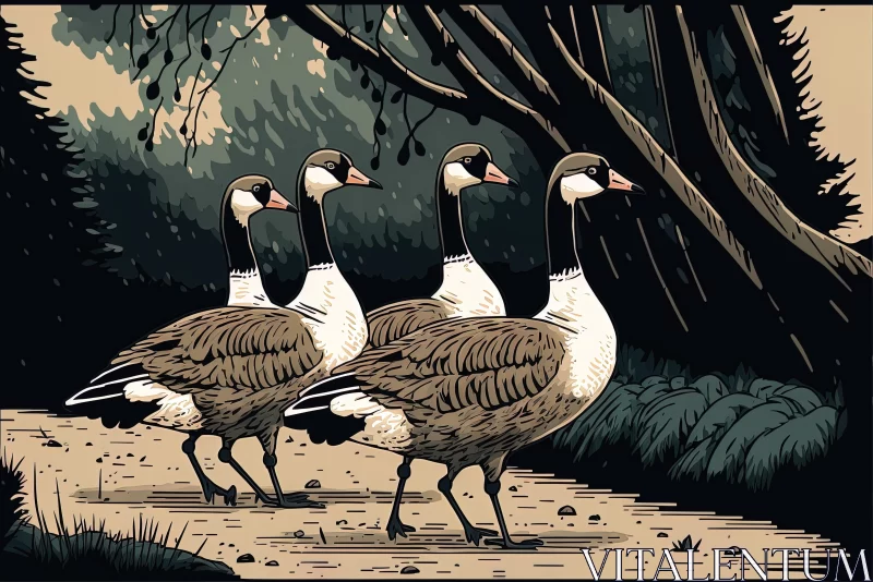 Detailed Comic Book Art: Three Geese Standing on River Path AI Image