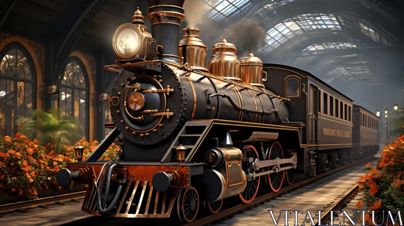 Golden-Adorned Black Steam Locomotive in Floral Station AI Image