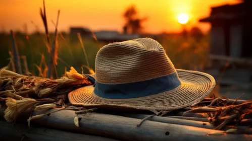 Weathered Straw Hat on Wooden Fence at Sunset