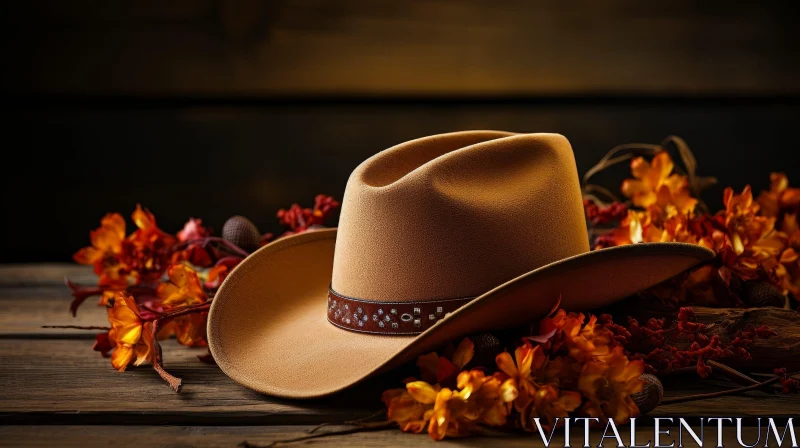 AI ART Brown Cowboy Hat with Fall Flowers on Wooden Table