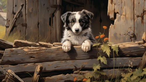 Charming Border Collie Puppy on Wooden Fence