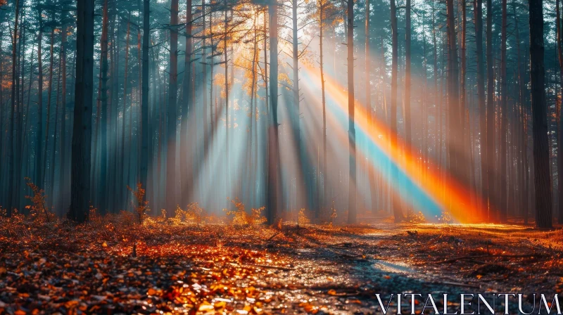 Enchanting Forest Landscape with Rainbow and Sunlight AI Image
