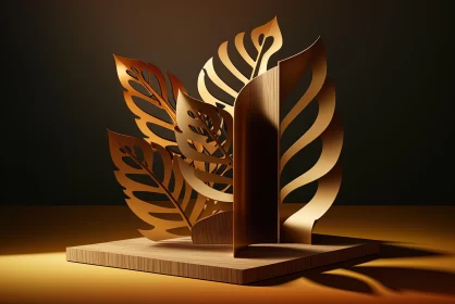 Intricate Wooden Leaf Sculpture - Dramatic Lighting and Carved Books