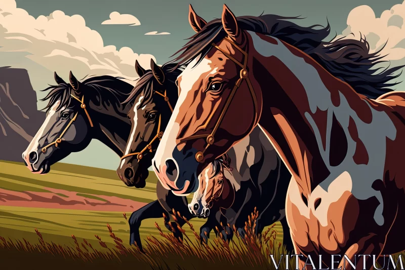 Majestic Horses Galloping in a Field - Bold Graphic Illustrations AI Image