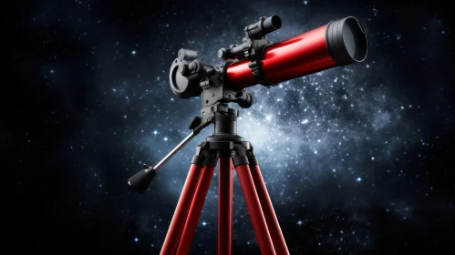Red Telescope on Tripod Observing Starry Night Sky