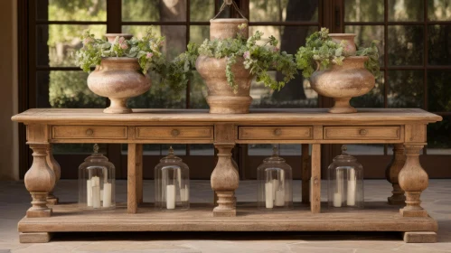 Rustic Wooden Table with Ceramic Pots and Candlelit Ambiance
