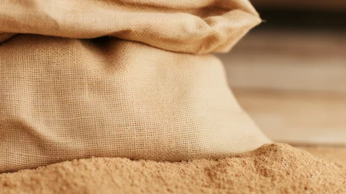 Sand-Filled Burlap Sack on Wooden Surface