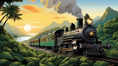 Steam Train in Lush Tropical Landscape