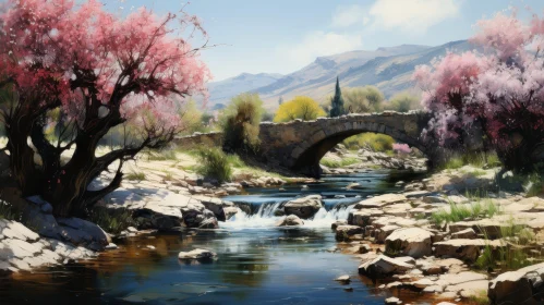 Tranquil Nature Painting: Stone Bridge Over River in Valley