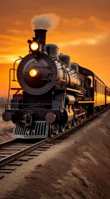 Vintage Black Steam Locomotive at Sunset