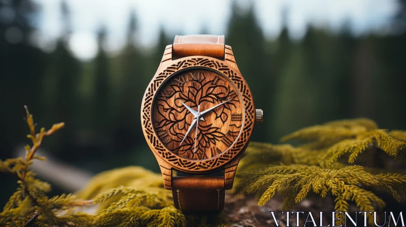 AI ART Wooden Watch with Tree Design on Green Moss