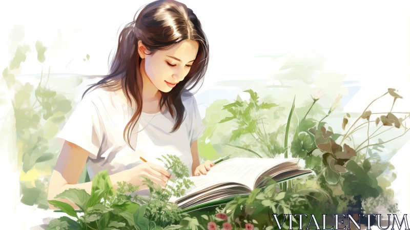 AI ART Young Woman Writing in Garden - Artistic Image