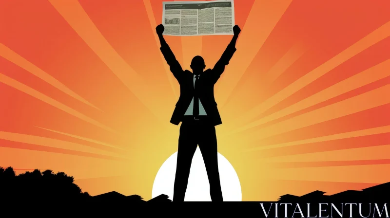Businessman Silhouette at Sunset with Newspaper AI Image