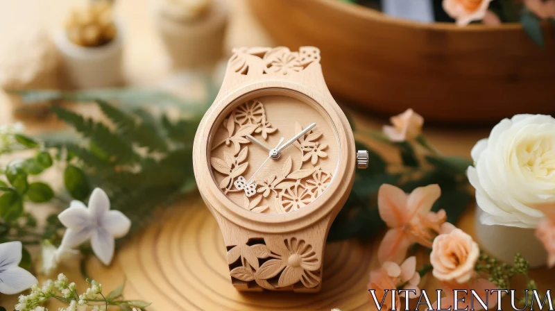 Elegant Wooden Watch with Butterfly and Flower Design AI Image