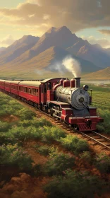 Red Steam Train in Lush Green Valley