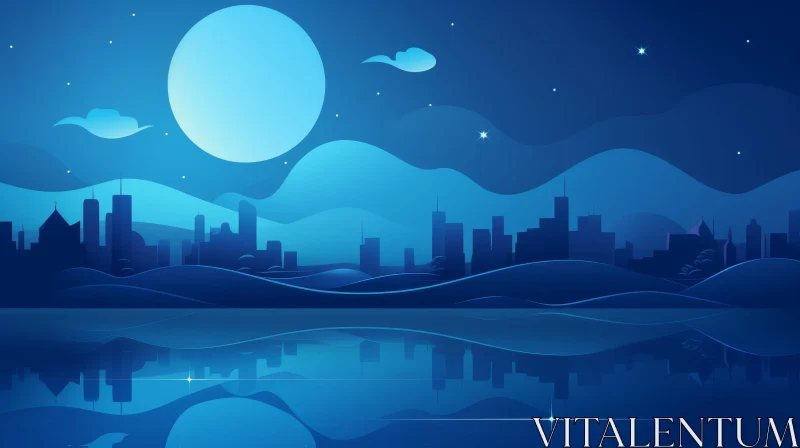 Serene Night Landscape with Full Moon and City Lights AI Image