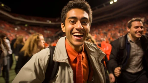 Smiling Young Man in Suit at Night Stadium Crowd