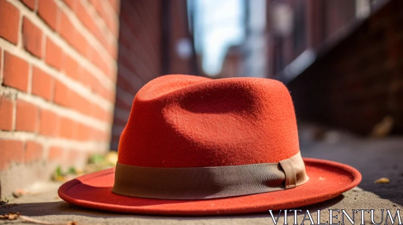 Stylish Red Fedora Hat on Sidewalk - Urban Fashion Photography AI Image