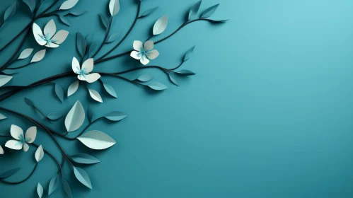 Tree Branch with Leaves and Flowers on Blue Background