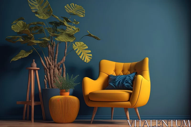 Vibrant Armchair with Plants on Blue Walls and Yellow Chair AI Image