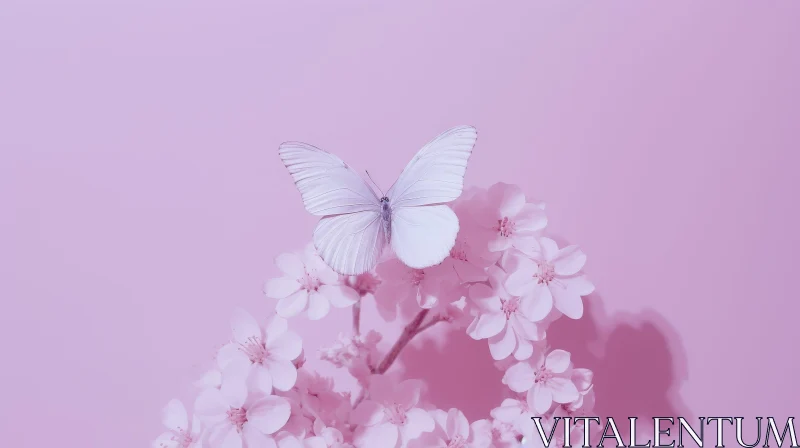 White Butterfly on Pink Cherry Blossoms AI Image