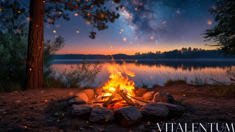 Bonfire by the Lake: A Night of Stars and Fire AI Image