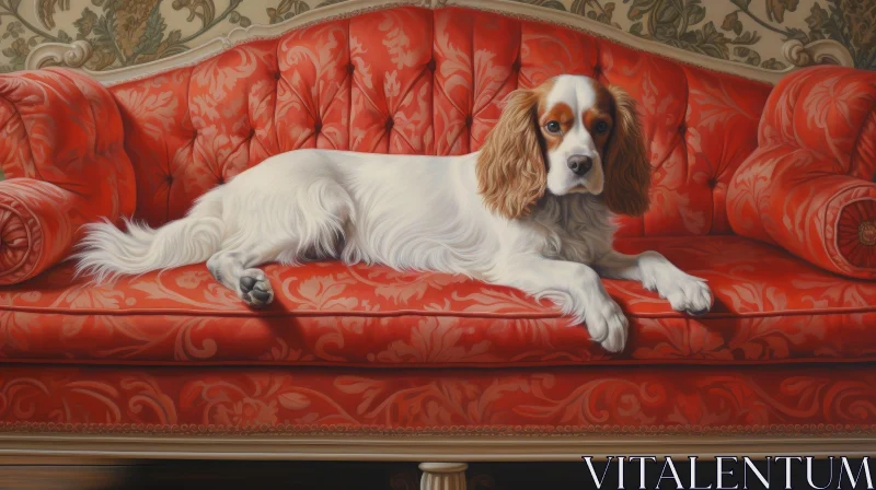 AI ART Cavalier King Charles Spaniel Dog on Red Velvet Couch Painting