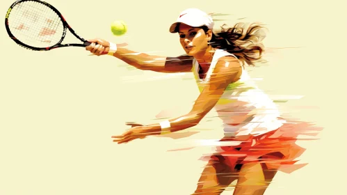 Female Tennis Player Mid-Swing Digital Painting