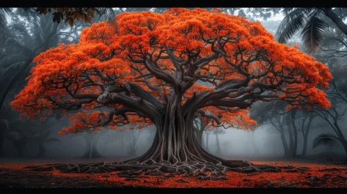 Majestic Tree in Forest with Bright Orange Leaves