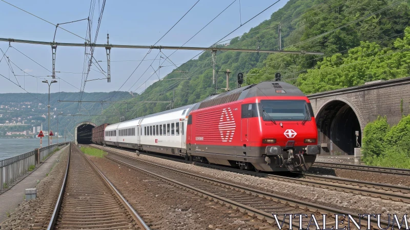 Scenic Red and White Passenger Train Speeding Through Valley AI Image