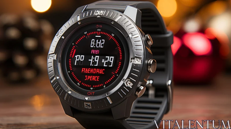 Sleek Black Digital Watch with Red Display | Time & Date | September AI Image