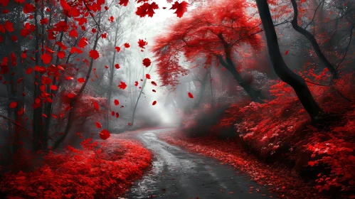 Tranquil Forest Fall Scene with Red Leaves