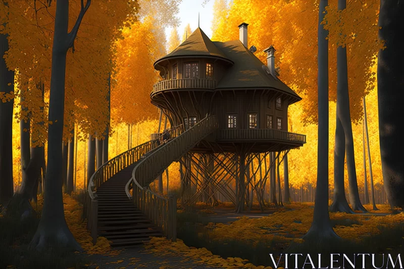 Tree House in Autumn Forest - Realistic and Detailed Renderings AI Image
