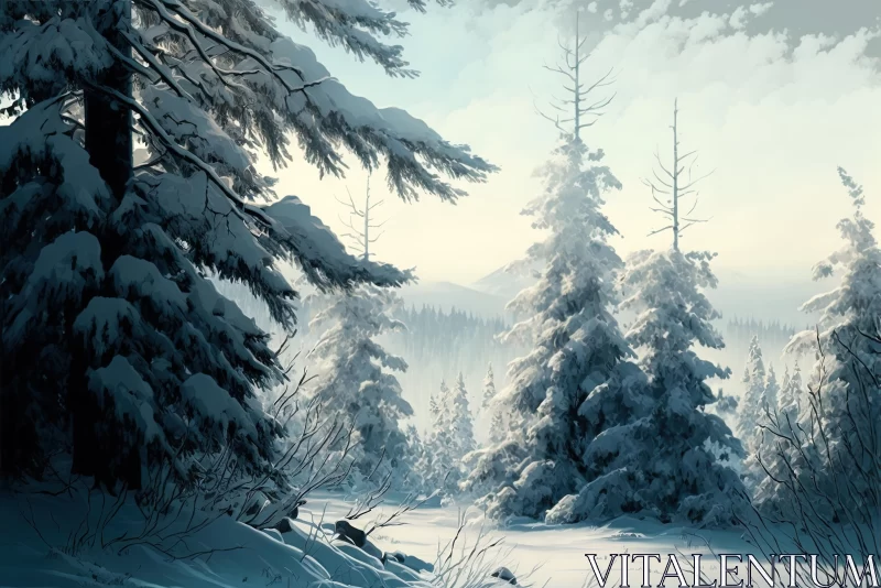 Winter Landscape Painting with Snow-Covered Trees AI Image